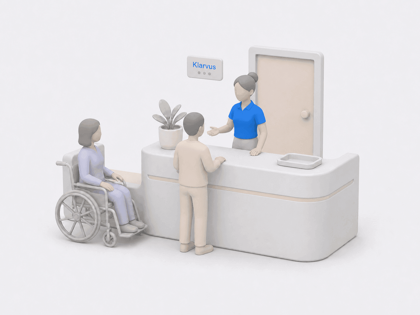 Illustration: Praxisempfang, an dem die Arbeit ohne Bildschirmarbeit weiterläuft